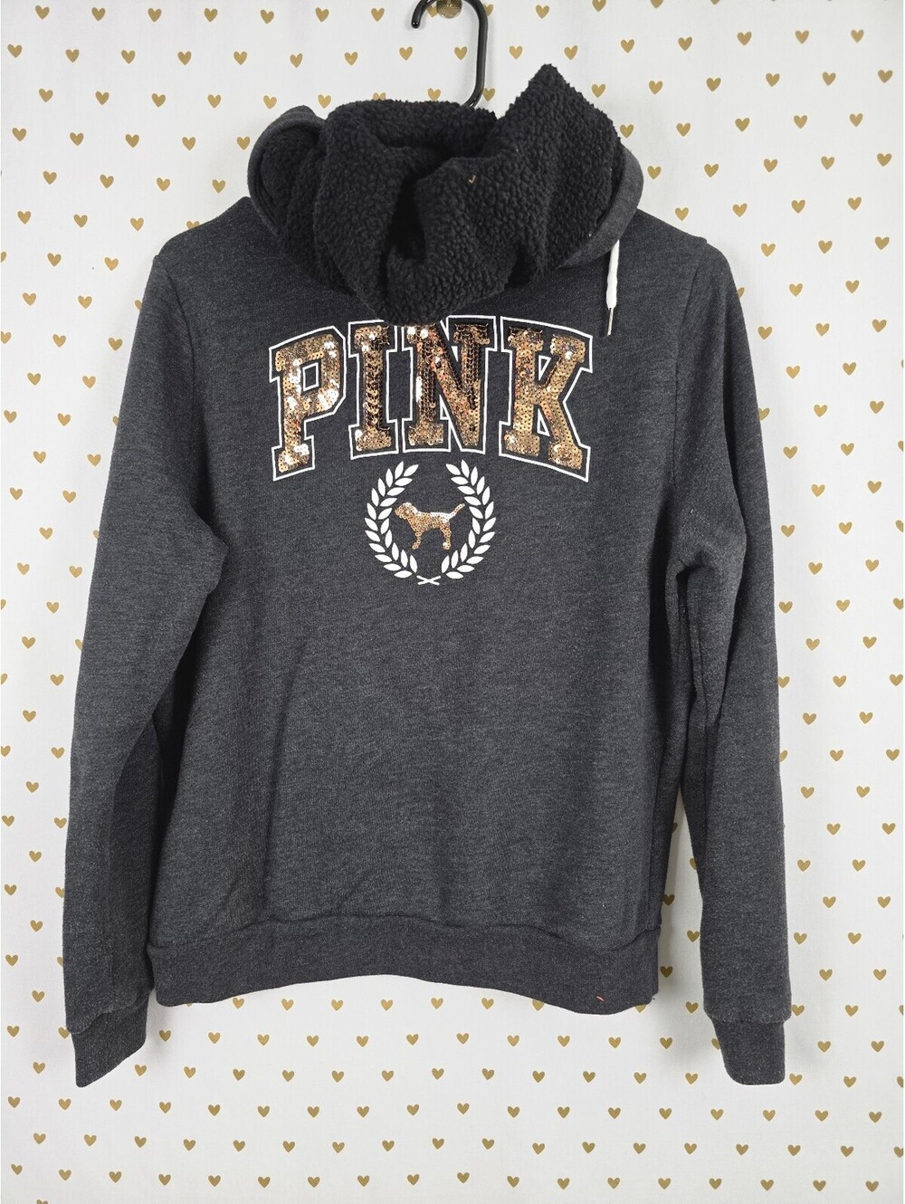 Victorias Secret Pink Gold Bling Sherpa Hood Pullover Sweater Hoodie Large